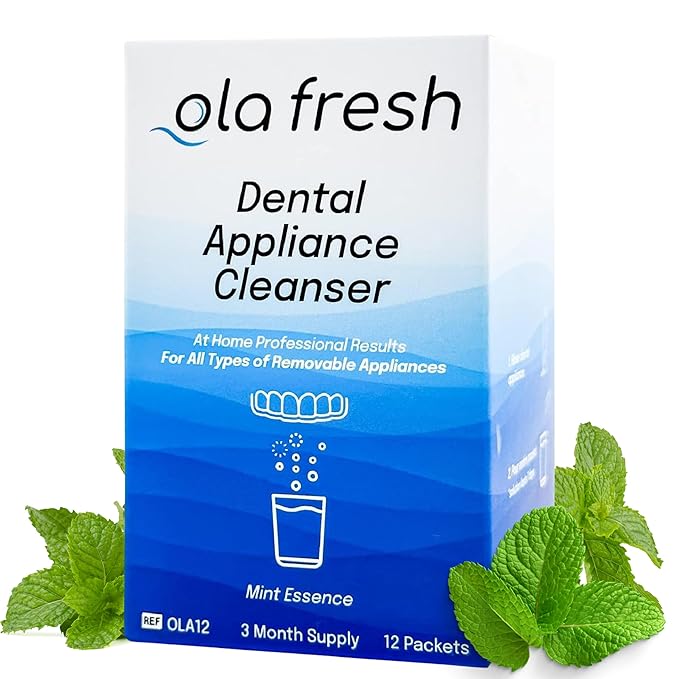 Ola Fresh Dental Appliance Cleanser, Professional Denture and Retainer Powder Cleanser (Mint Essence Flavor, 24 Packets, 3 Month Supply)