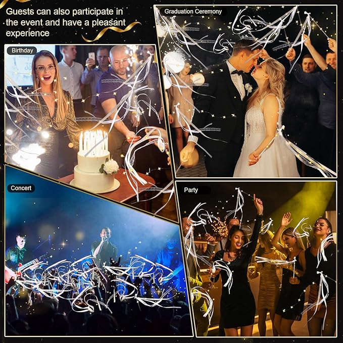 100 Pcs Wedding Wands Ribbon with 3 Colorful Flashing Modes, Light up LED Silk Fairy Wands, Glow Lace Stick with Bells for Wedding Reception, Graduation, New Year, Birthday Party (Warm White)