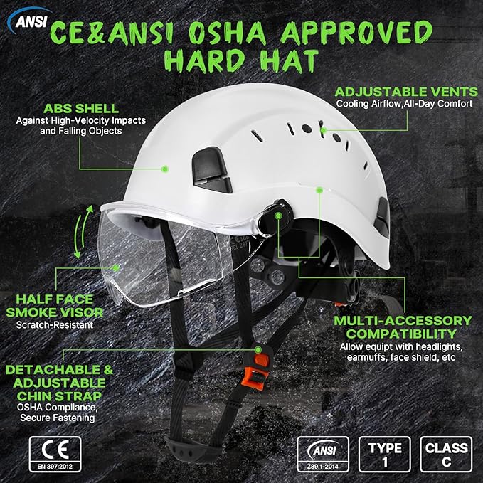 AOLAMEGS Construction Safety Hard Hat with Visor-ANSI Z89.1 OSHA Approved Construction Safety Helmet,Vented White Hard Hats with Chin Straps for Men Women Adults for Outdoor Indoor Industrial Workwear