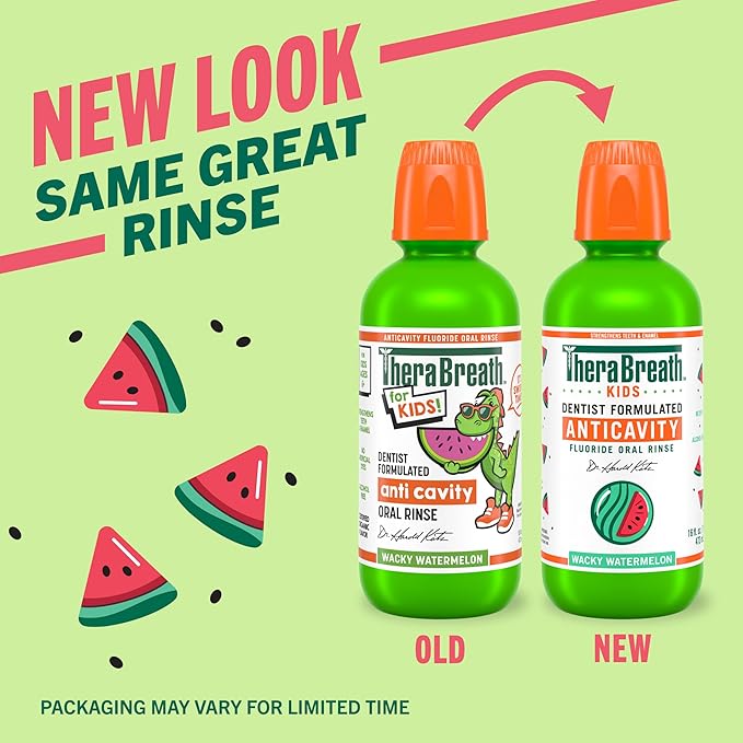 TheraBreath Kids Organic Wacky Watermelon Mouthwash with Fluoride, Anticavity, Dentist Formulated, 16 Fl Oz