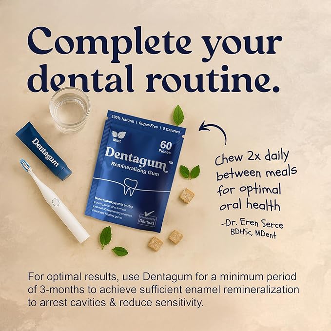 Dentagum Remineralizing Gum with Nano-Hydroxyapatite & Xylitol – SugarFree Chewing Gum for Enamel Repair, Cavity Protection & Receding Gums – 60 Pieces