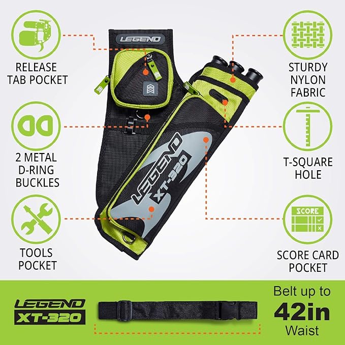 LEGEND XT320 Archery Quivers - Nylon Hip Quivers with 3 Arrow Tube Cases for Target Shooting - Adjustable Waist Belt, T-Slot, Storage Compartments for Accessories, Gear, Tools, Release Tab, Score Card