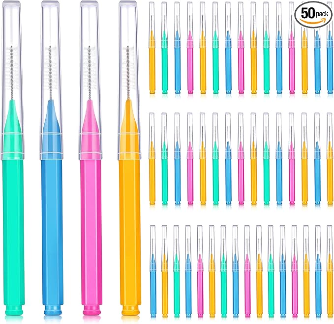 Patelai 50 Pieces Interdental Brush for Cleaner Braces Brush Toothpick Dental Tooth Flossing Head Oral Dental Hygiene Flosser Toothpick Cleaners Tooth Cleaning Tool(Green, Blue, Pink, Orange)