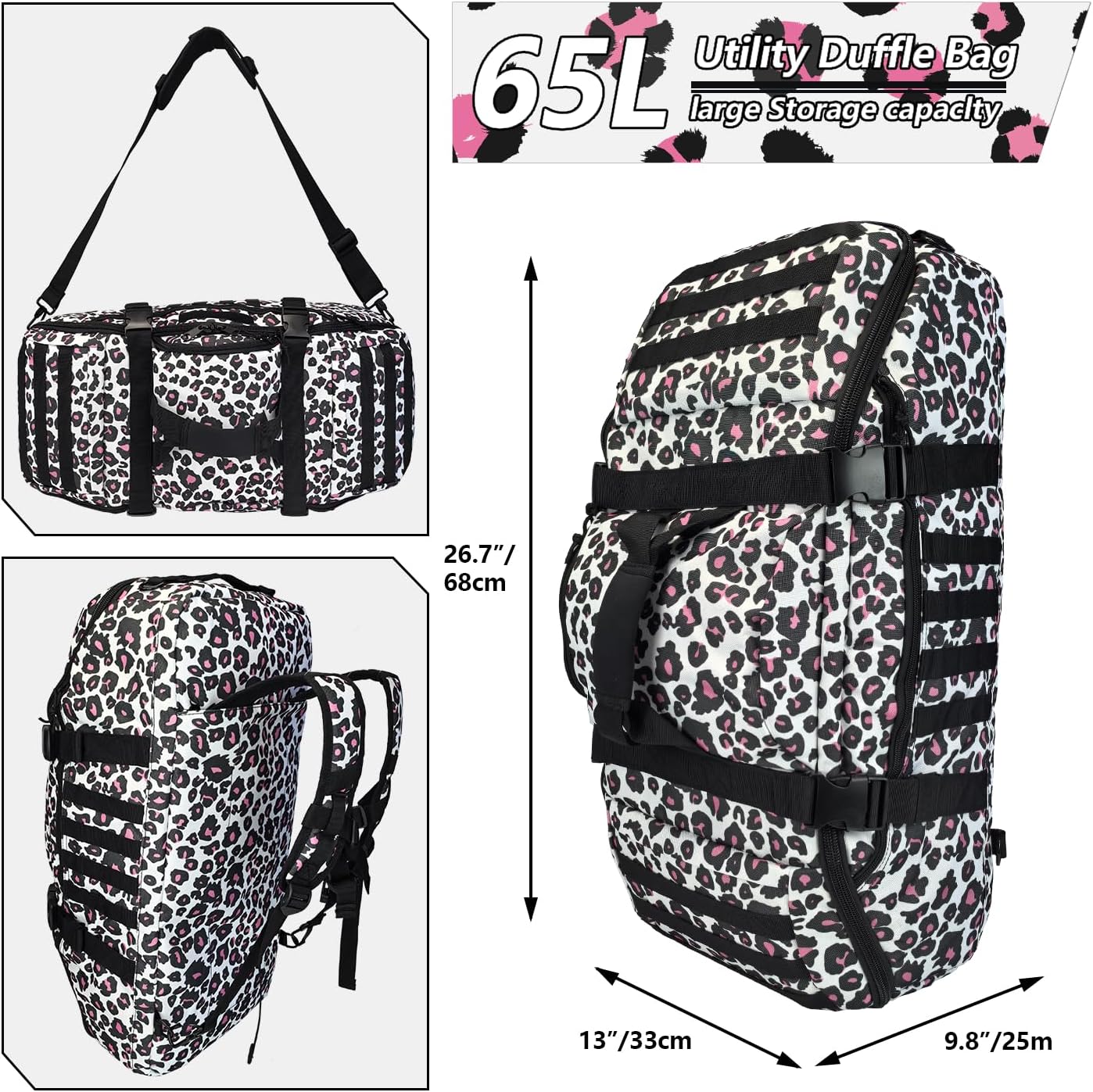 65L Large Duffle Bag, 3-in-1 Tactical Backpack MOLLE Pack for Sports, Gym, Outdoor, Leopard