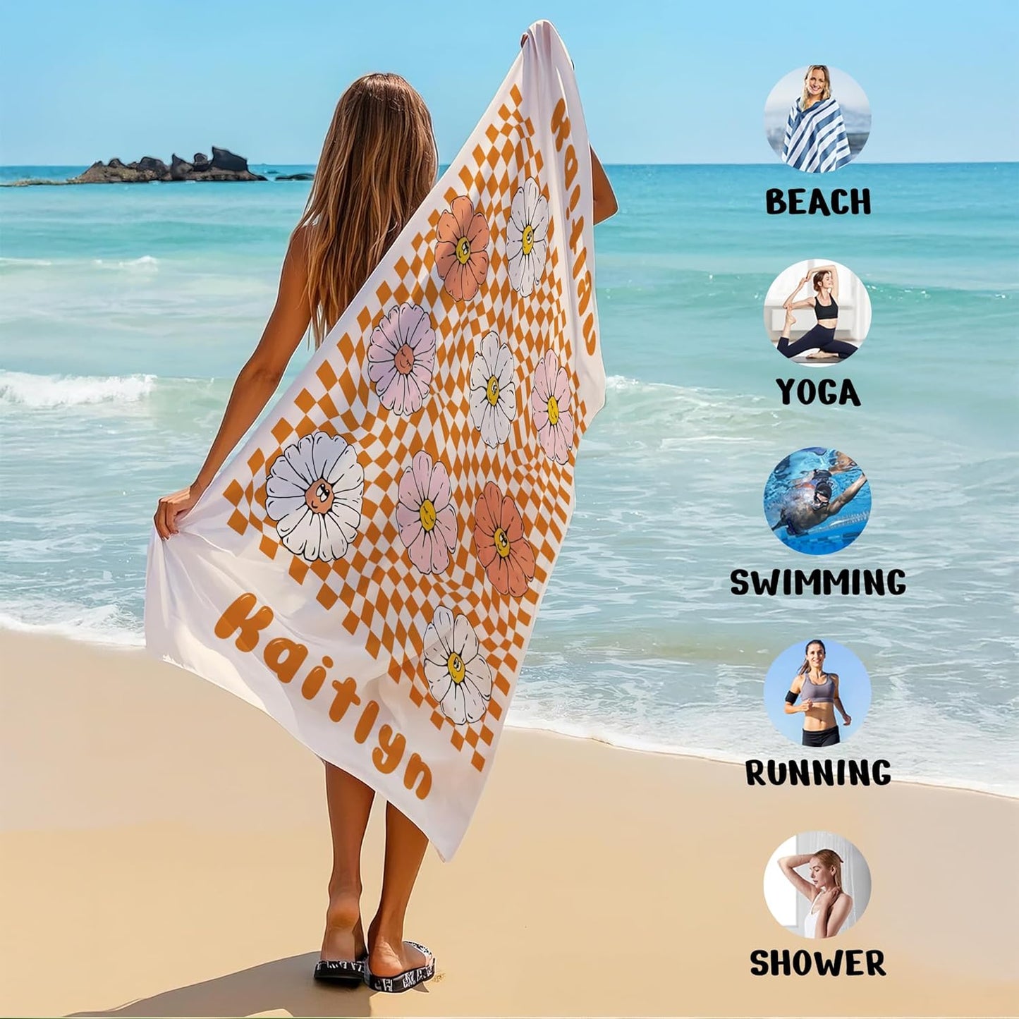 JML Personalized Beach Towel with Name, Custom Flower Beach Towel, Customized Microfiber Pool Towel, Quick Dry & Absorbent Swim Towel for Adult,Anniversary, Birthday, Summer Holiday,Vacation