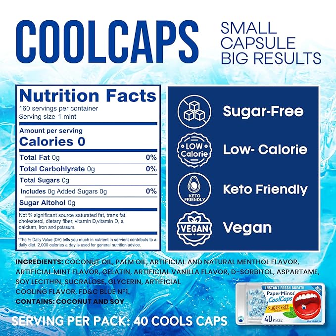 PaperMints CoolCaps - Instant Fresh Breath Mints Sugar-Free 4 Pack - 160 capsules. Chronic Bad Breath Treatment for Adults, Peppermint Fresh Breath Freshener Pearls Halitosis Treatment Dry Mouth