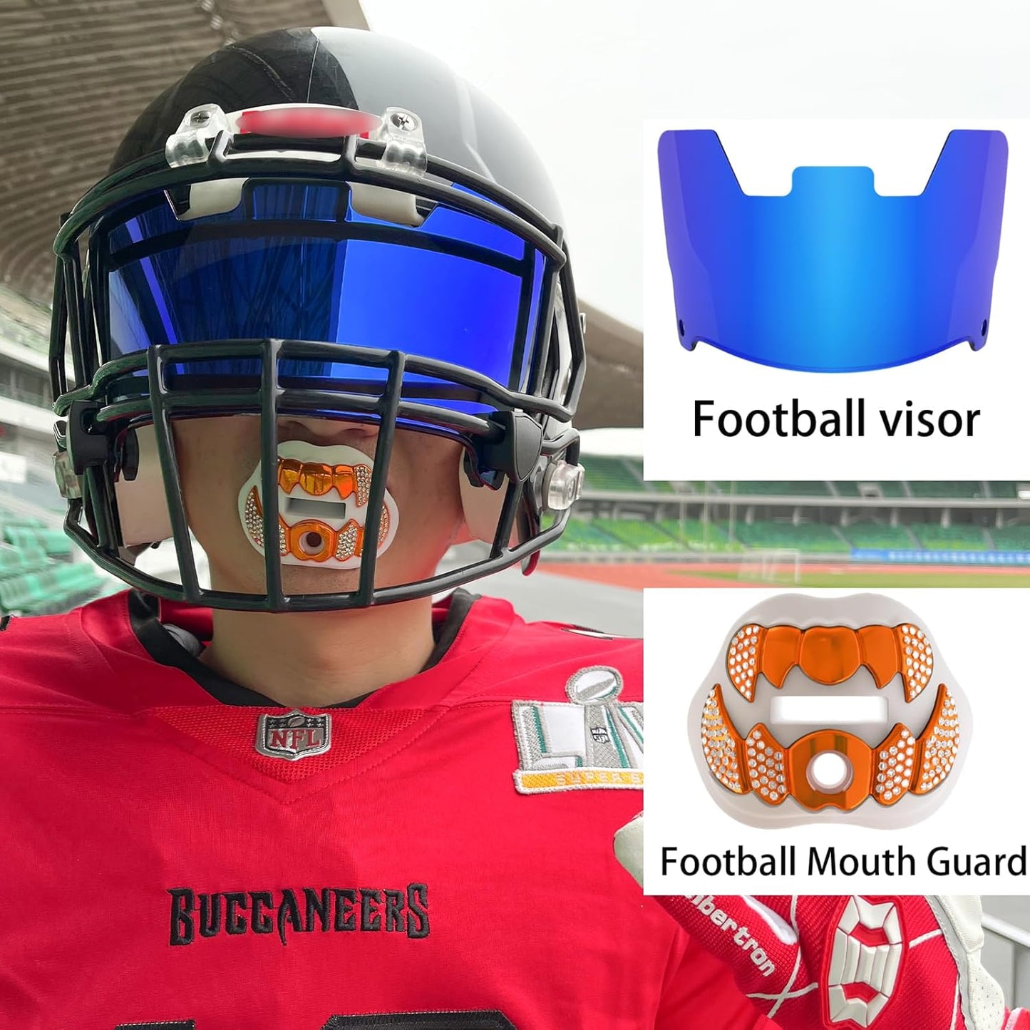 LeCool Football Mouth Guard with Connected Strap- 3D Beast Chrome Adult and Youth Mouth Guard-Mouth Piece for Sports for Maximum Air Flow and Teeth Protection