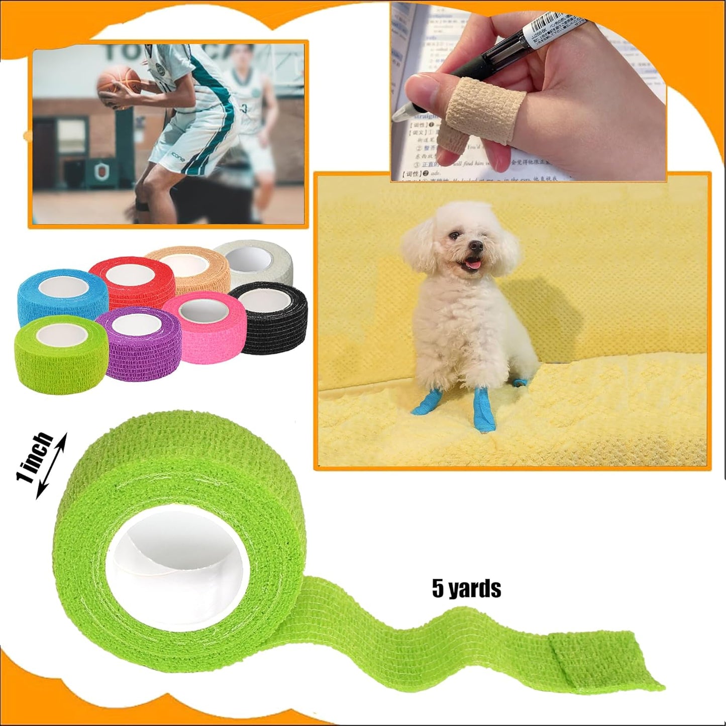 8 Pack 1 in x 5 Yards Cohesive Wrap Self Adhesive Bandage Wrap Elastic Self Adherent Wrap Self Stick Vet Tape for Athletic, Wrist, Ankle, Knees, Pets (Grass Green)