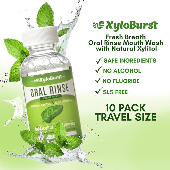 Xyloburst Oral Rinse Mouthwash - Natural Xylitol Mouthwash | Fluoride Free Mouth Wash | Alcohol Free | Fresh Mint Mouth Rinse | SLS Free | Travel 10-Pack