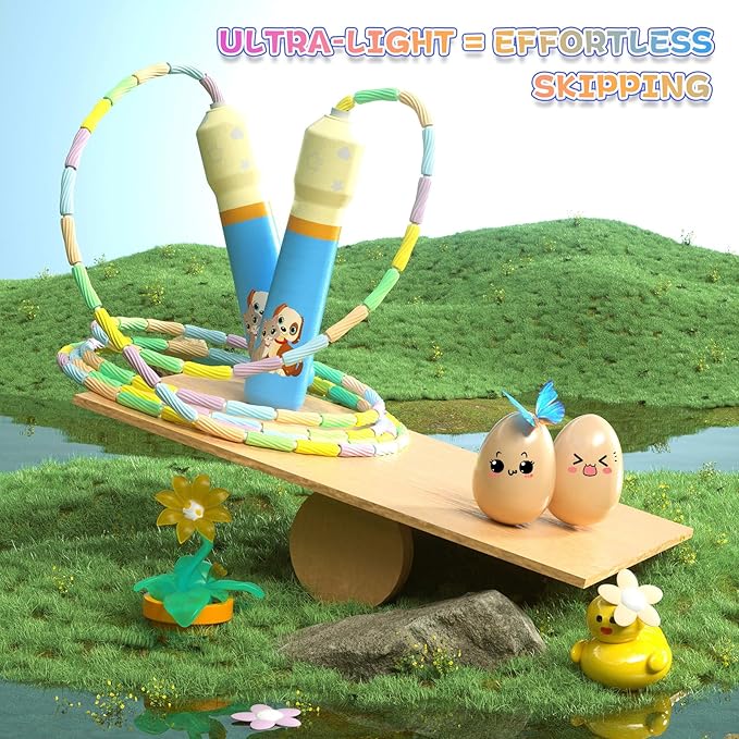 JGM Beaded Jump Rope for Kids – Adjustable Toddler Skipping Rope with Cartoon WOODEN Handle for Outdoor Activity Party Favors School Games 7.7 Feet