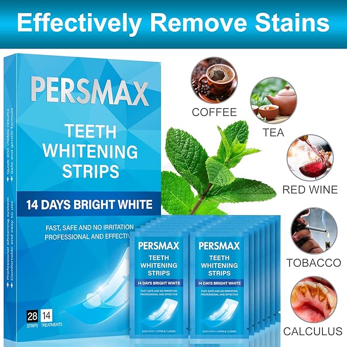 Teeth Whitening Strips for Sensitive Teeth Enamel Safe Whitening Kit No-Slip Remove Coffee Wine Smoking Stains Professional 14 Treatments 28 Strips