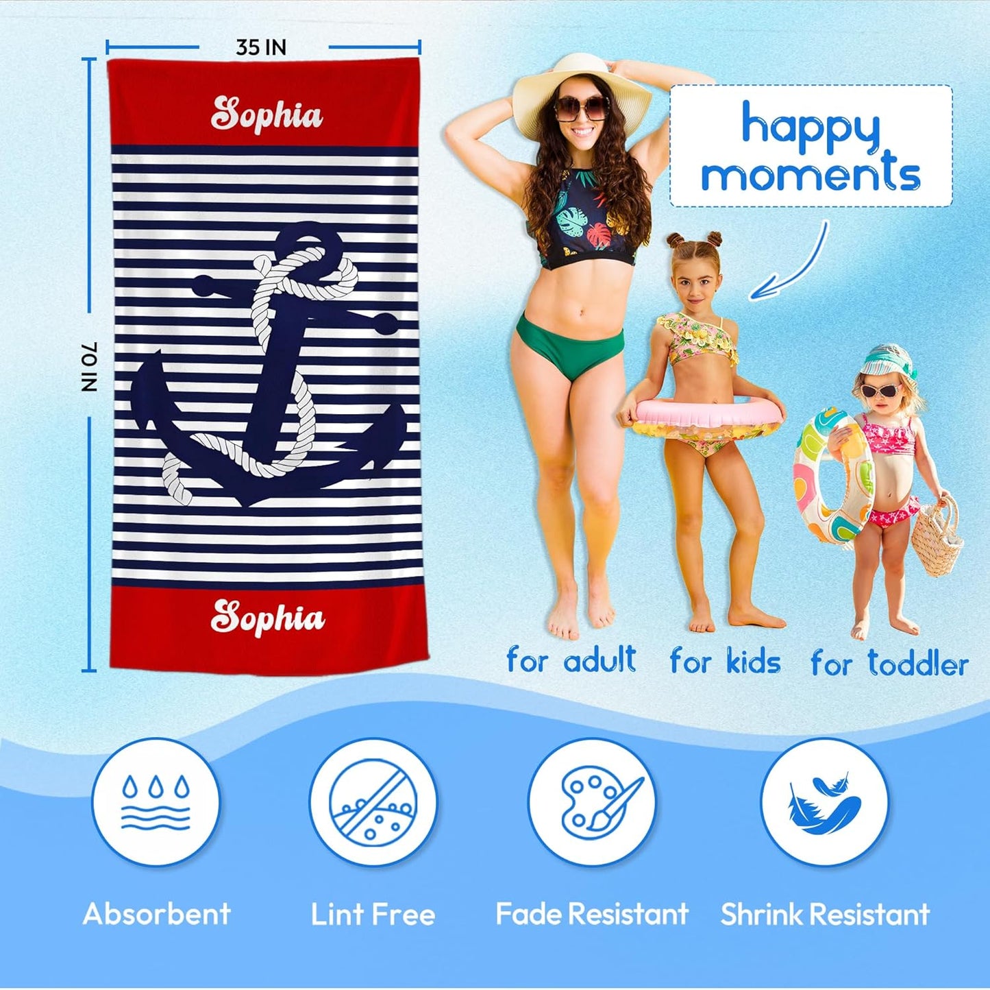 JML Personalized Beach Towel with Name, Custom Anchor Beach Towel, Customized Microfiber Pool Towel, Quick Dry & Absorbent Swim Towel for Adult,Anniversary, Birthday, Summer Holiday,Vacation