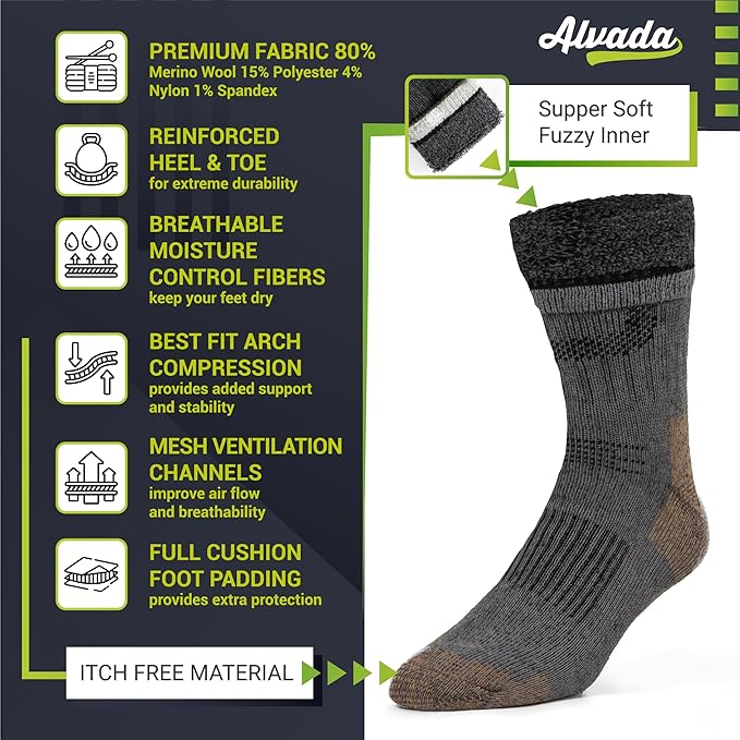 Alvada Merino Wool Hiking Socks Thermal Warm Crew Winter Boot Sock For Men & Women 3 Pairs