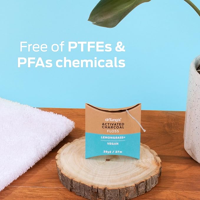 DrTung's Vegan Activated Charcoal Floss - Natural Floss, PTFE & PFAS Free, Gentle on Gums, Expands & Stretches, BPA Free- Natural Dental Floss Lemongrass Flavor (Pack of 6)