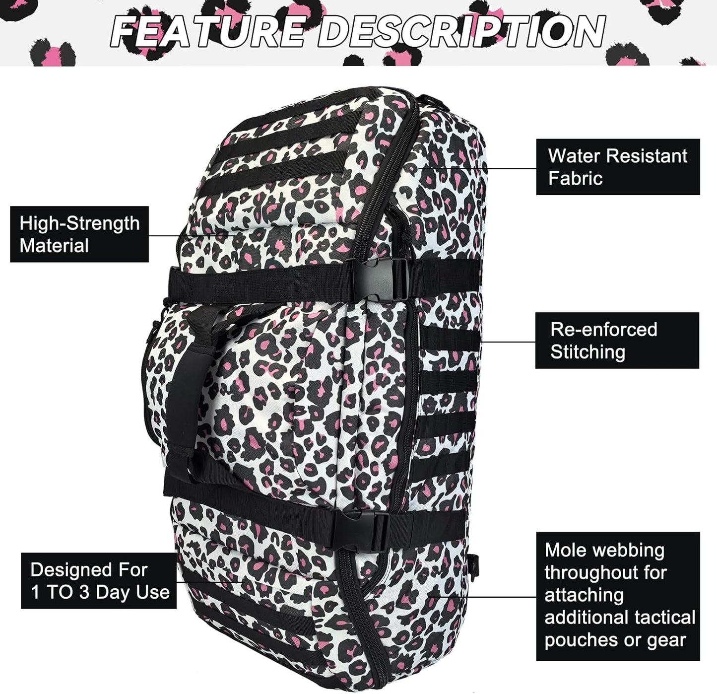 65L Large Duffle Bag, 3-in-1 Tactical Backpack MOLLE Pack for Sports, Gym, Outdoor, Leopard