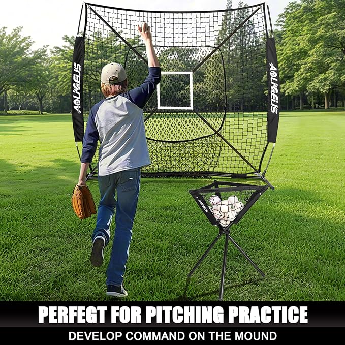 6'X6' Baseball Softball Practice Net with Batting Tee and Ball Caddy, Bonus Strike Zone Target and Bow Frame, for Hitting, Pitching, Catching