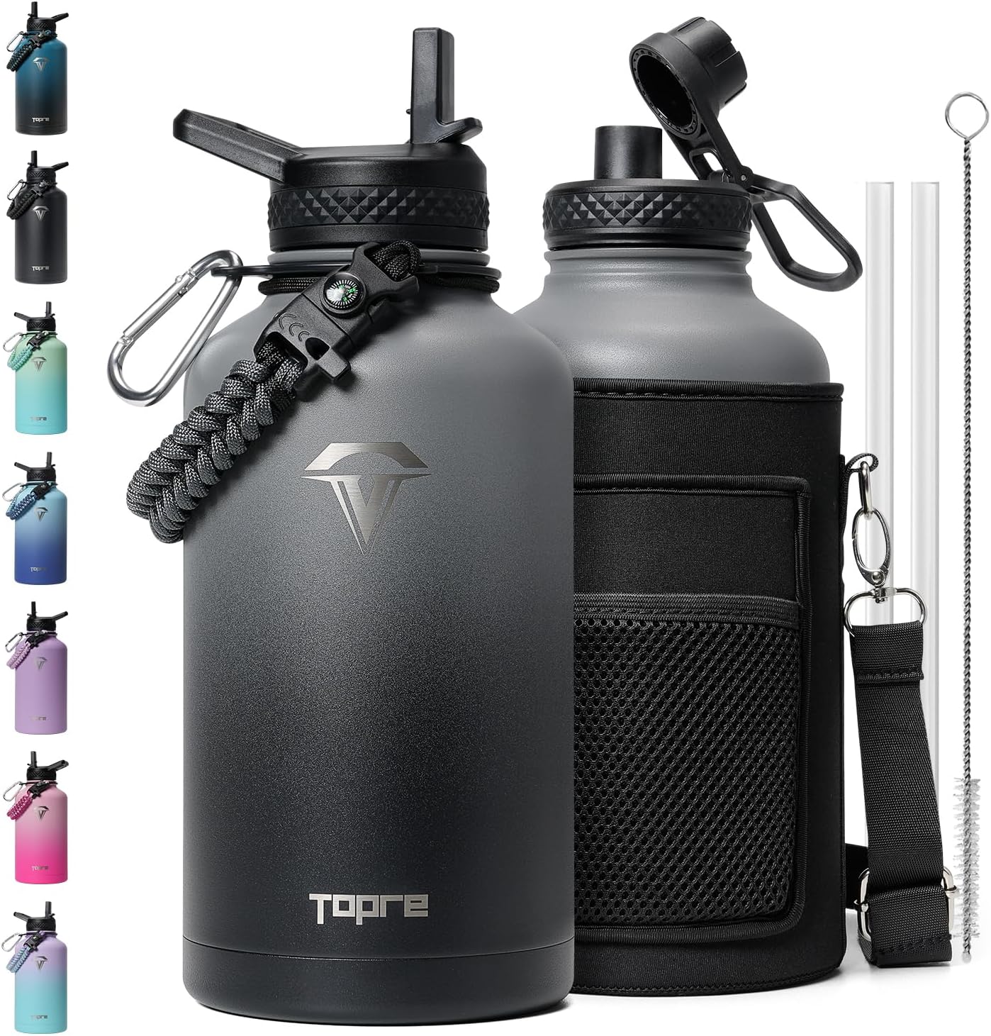 64 oz Insulated Water Bottle,Half Gallon Water Flask Stainless Steel Vacuum, Cold for 48 Hrs,BPA-Free & Leakproof -with Paracord Handle, Strap,Straw Spout Lids,Large Jug for Gym,Grey