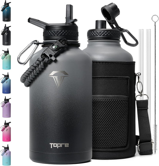 64 oz Insulated Water Bottle,Half Gallon Water Flask Stainless Steel Vacuum, Cold for 48 Hrs,BPA-Free & Leakproof -with Paracord Handle, Strap,Straw Spout Lids,Large Jug for Gym,Grey