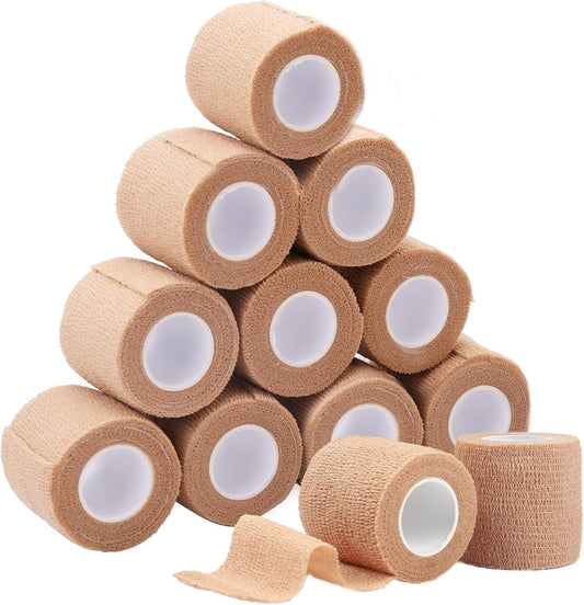 LotFancy Self Adhesive Bandage Wrap, 12 Pack, 2" x 5 Yards Non Woven Medical Tape, First Aid Tape for Athletic Wrist Ankle Sprains Swelling, Tan Color