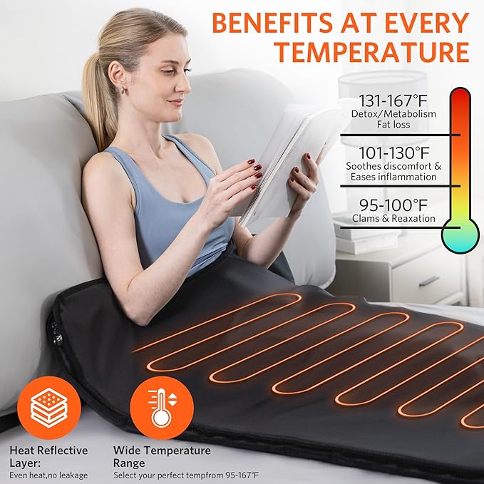 Low EMF Portable Infrared Sauna Blanket,Crystal Therapy Home Relaxation, Adjustable Timer 1-60 Min, 95-167℉ Temp Range, 6 ft x 2.95 ft, Durable PU Leather Cover