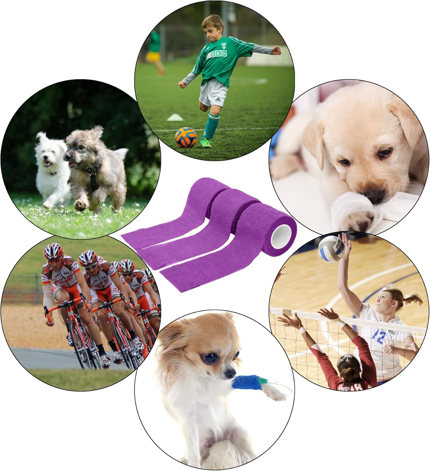 6 Pack 2 Inches Self Adhesive Bandage Wrap Breathable Cohesive Bandage Elastic Tape for Pets, Athletic, Sports, Wrist, Knee, Ankle(5 Yards Per Roll, Purple)