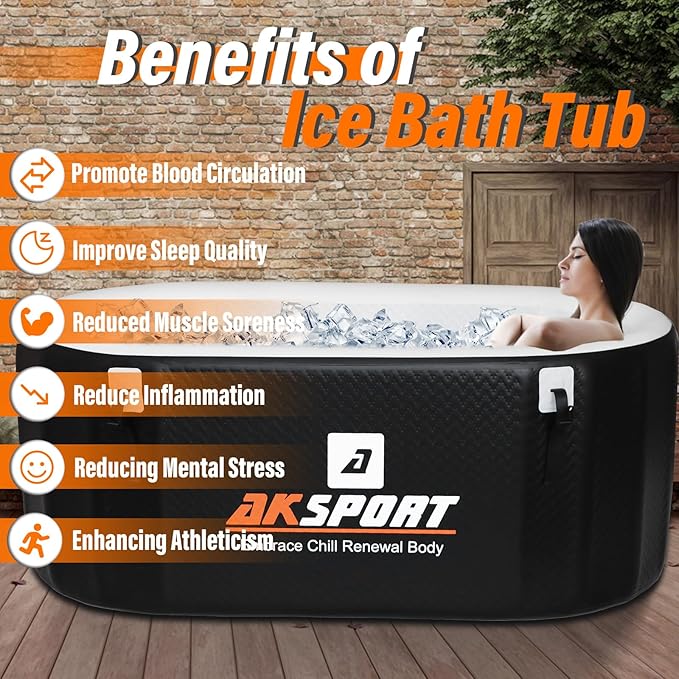 AKSPORT Ice Bath Tub for Athletes, 155 Inflatable Cold Plunge Tub Compatible with Water Chillers, Inflatable Icebath for Recovery & Cold Water Therapy，Portable Bathtub for Indoor & Outdoor-Black