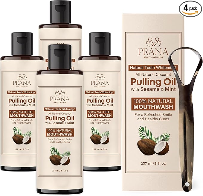 PRANA Coconut Pulling Oil Mouthwash with Tongue Scraper- Ayurvedic Oils for Clean Rinse with Coconut Oil & Clove & improving Teeth & Gum Health - Teeth Pulling Oil Keeps Your Mouth Refreshed- (4 Pack)