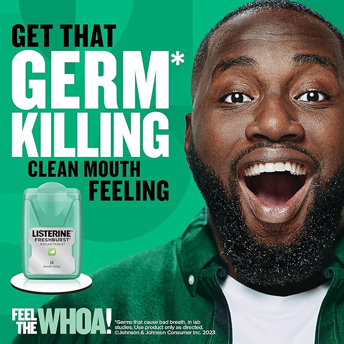 Listerine Freshburst Pocketpaks Portable Breath Strips, Dissolving Breath Freshener Strips Kill 99% of Germs that Cause Bad Breath, Portable for On-the-Go, Minty Flavor, 3 x 24-strips