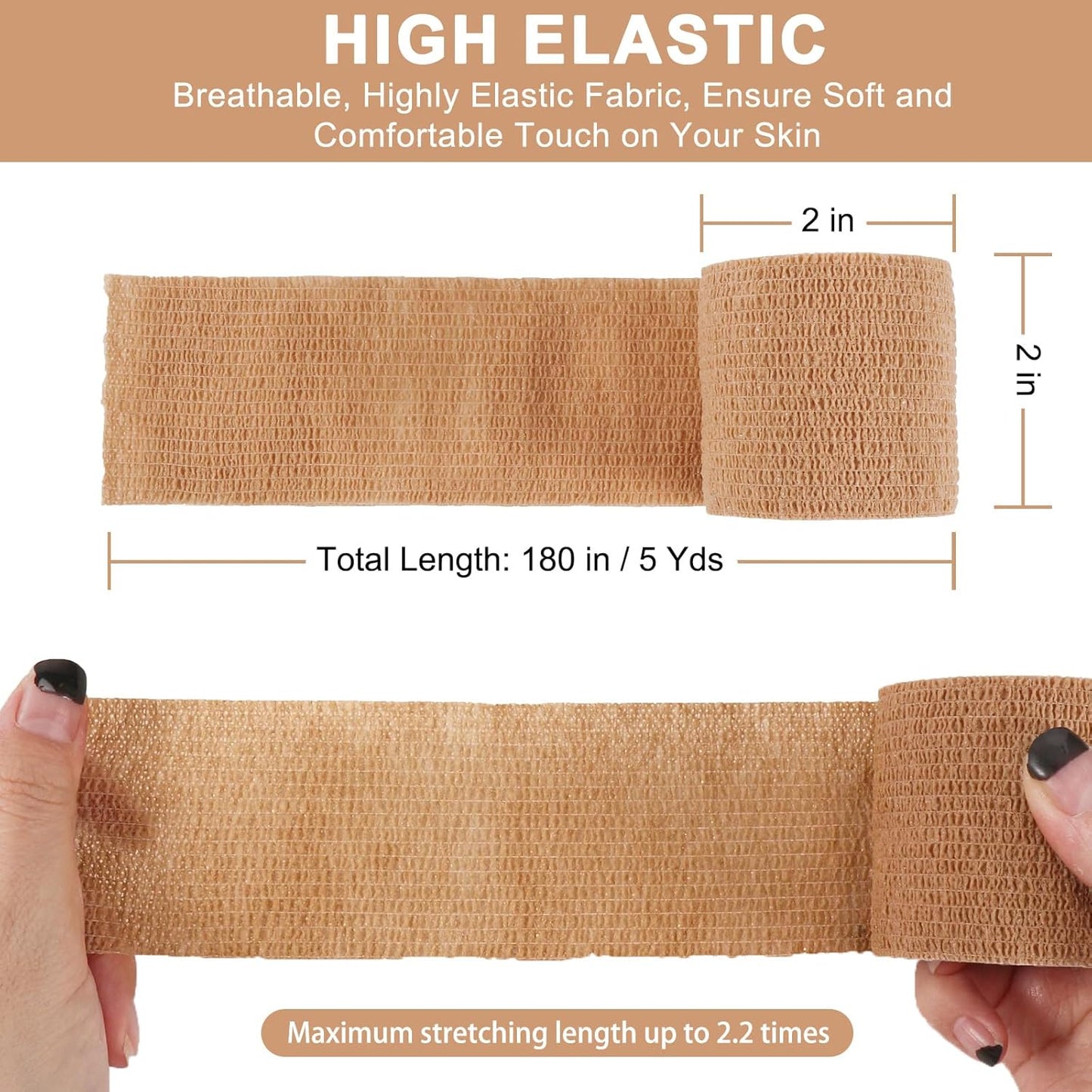 48 Pack Self Adhesive Bandage Wrap, 2” x 5 Yards Cohesive Medical Tape Elastic Grip Tape Black Sports Tape Athletic for Ankle, Wrist Sprains, Pet First Aid (Brown)