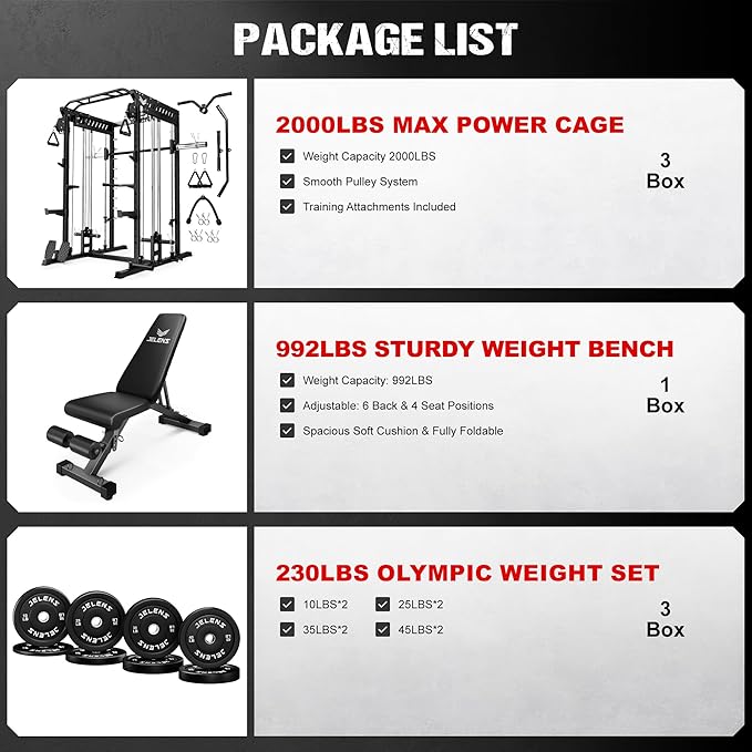 M21 Smith Machine, Multi-Function Power Cage with Dual Pulley Cable Crossover System, 2000LBS All-in-One Squat Rack with Smith Bar and Attachments