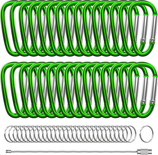 30PCS Aluminum Carabiner Clips, 2" D Shape Spring Snap Hooks Carabiner with 30PCS Keyring Keychain Hook