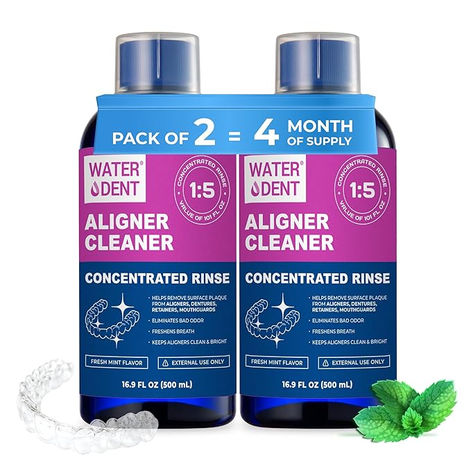 ALIGNER Cleaner Rinse | Concentrated | Clean aligners, retainers, dentures, Mouth Guards, Dental Appliance | 4 Month Supply, Alcohol Free, Minty & Fresh. Made in USA - Pack of 2 (33 fl.oz)