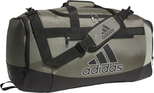 adidas Unisex Defender 4.0 Gym Duffel Bag for Men and Women, Olive Strata Green/Black/Silver Metallic, Medium (66L)