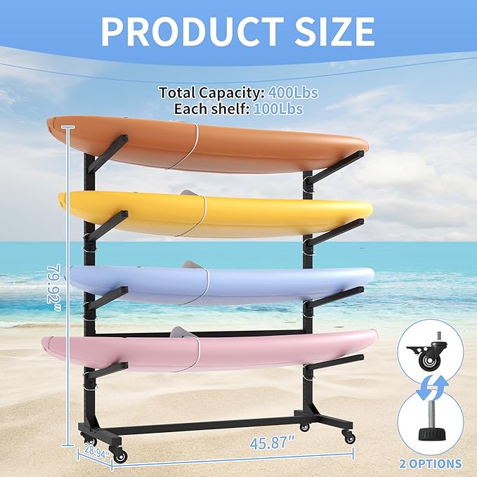 Kayak Storage Rack, Heavy Duty Kayak Stand Canoe Rack with Wheels, Freestanding Kayak Holder Stand for Kayaks, Canoes, Surfboard, Paddleboard Storage