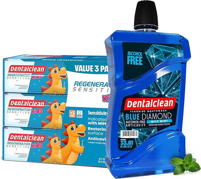 Pack of 3 Kids Gel Toothpastes with MIH Support (Tutti-Frutti Natural) – Enamel Regeneration & Sensitivity Relief, 3.7 oz + Alcohol-Free Mouthwash 33.8 Fl Oz (Blue Diamond Mint)