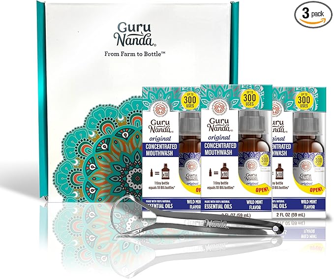 GuruNanda Concentrated Mouthwash (3x2 fl oz), Supports 300 Rinses, Aids in Fresh Breath, Fluoride-Free, Mint Mouthwash with Natural Essential Oils
