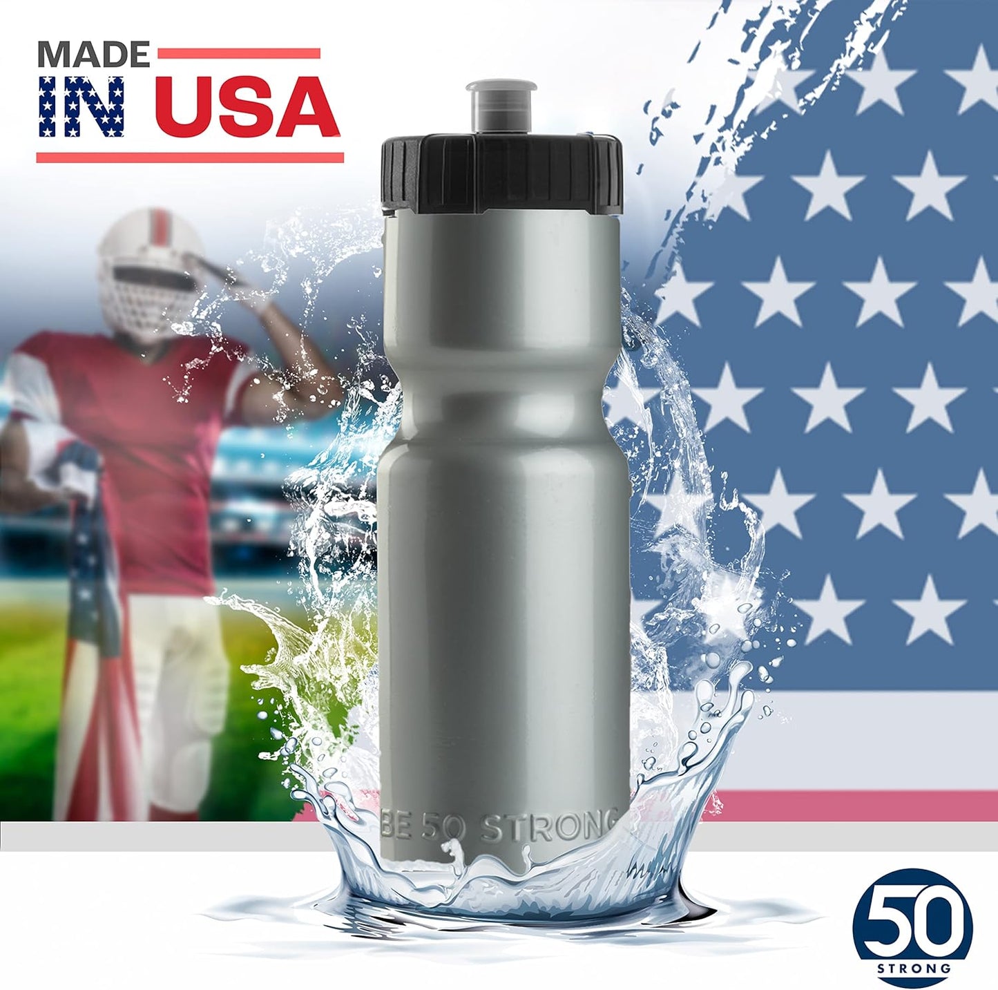 50 Strong Sports Water Bottles – Reusable 22 oz BPA-Free Plastic Bottles with Pull Top Cap – Made in USA – Top Rack Dishwasher Safe – Fits Most Bike Cages Brand