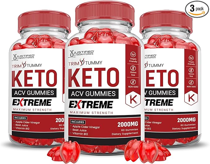 (3 Pack) Trim Tummy Keto ACV Gummies Extreme 2000MG Trim Tummy Keto Gummies Apple Cider Vinegar Formulated with Pomegranate Beet Juice Powder B12 Vegan Non GMO 180 Gummys