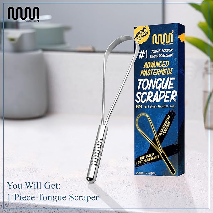 MasterMedi Tongue Scraper, Bad Breath Treatment for Adults & Kids, Medical Grade 100% Stainless Steel Tongue Scrapers for Oral Care, Easy to Use Tongue Cleaner with Ergonomic Design for Hygiene