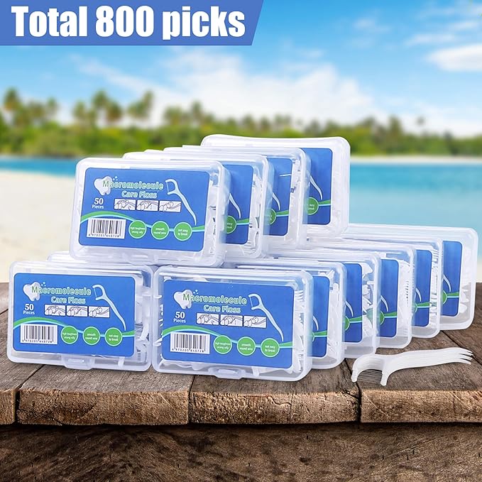 800 Count Dental Floss Picks – Built-in Toothpicks for Deep Cleaning, Comfortable Handle to Remove Plaque & Protect Gums – Family Pack with 50 Picks per Portable Case for Adults & Kids