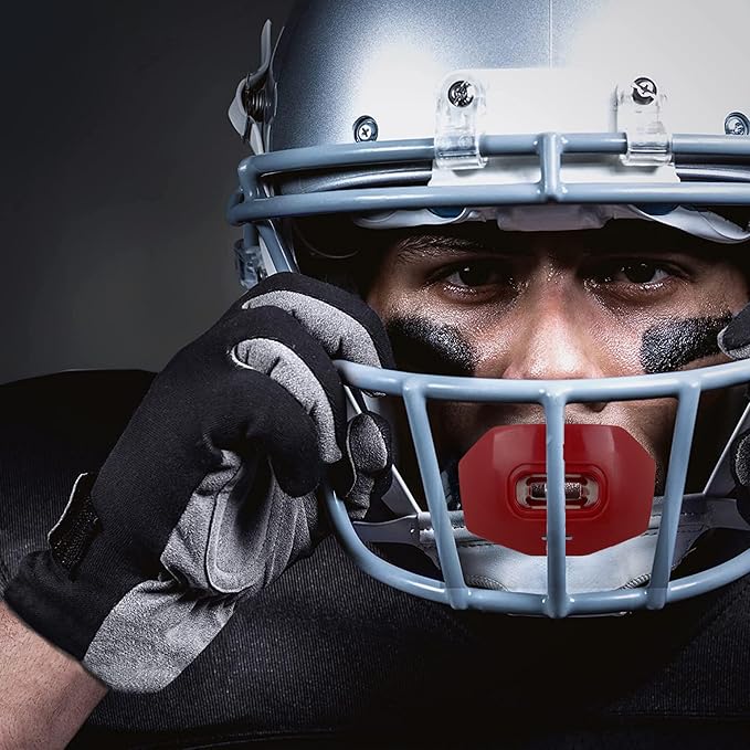 DAMAGE CONTROL Youth Football Mouth Guard – Breathable No Boil Mouthpiece, Protects Lips & Teeth, Works with Braces, Includes Helmet Strap – Sports Gear & Accessories (Red)