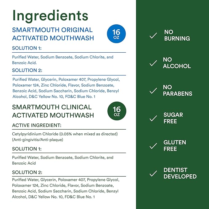 SmartMouth DDS Activated Clinical Mouthwash & Original Activated Mouthwash - Adult Mouthwash for Fresh Breath - Clean Mint Flavor (Clinical) & Fresh Mint Flavor (Original), 16 fl oz Each
