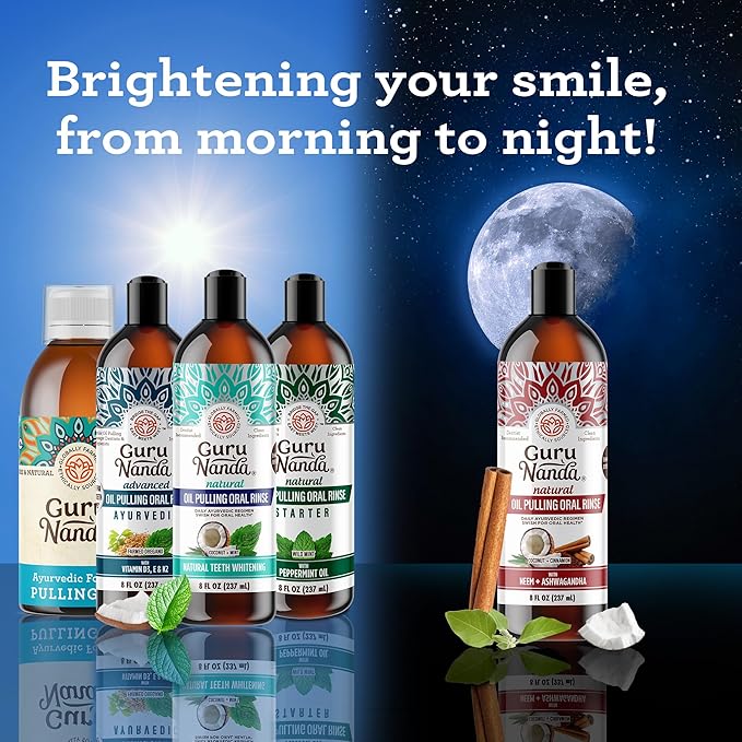 GuruNanda Starter Pulling Oil Mouthwash for Natural Teeth Whitening, Coconut and Peppermint Oil for Fresh Breath & Happy Gums, with Tongue Scraper, Alcohol-Free, 2X8 Oz