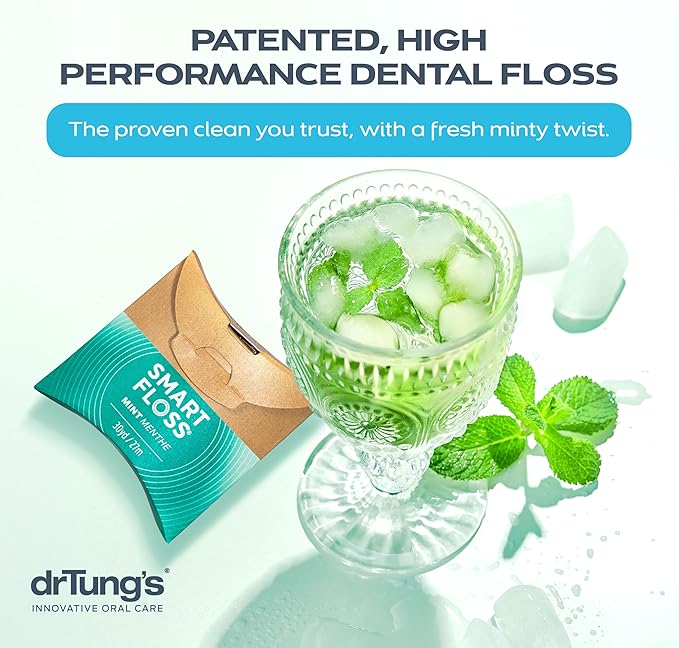 drTung's Smart Floss Mint for Teeth - Natural Expanding Dental Floss, Gentle on Tooth & Gums, Expands & Glides, PTFE & PFAS Free, Certified Organic Mint Essential Oils - Pack of 6