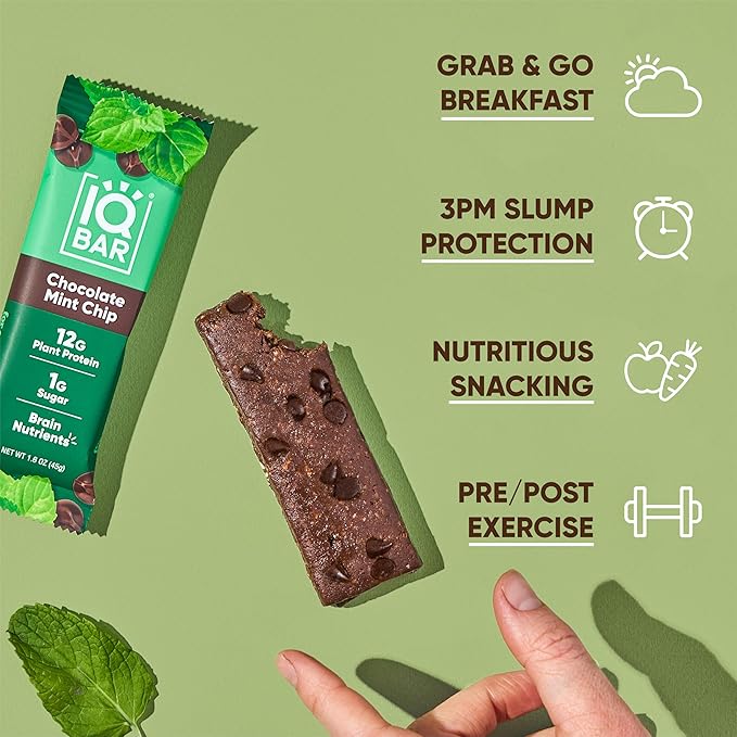 IQBAR Brain and Body Plant Protein Bars - Chocolate Mint Chip - 36-Count Low Carb - Gluten Free, High Fiber, Vegan Snacks - Low Sugar Meal Replacement