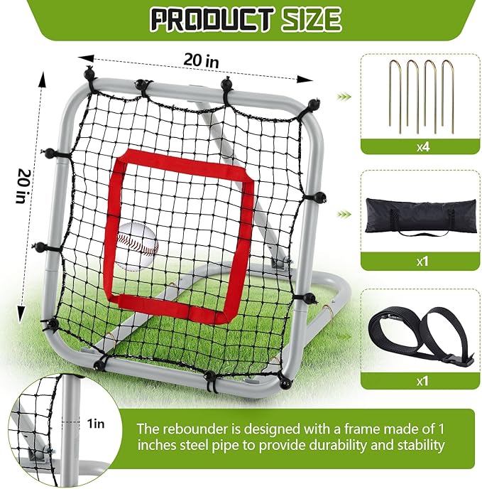 3' x 3'/1.67' x 1.67' Pro Portable Baseball and Softball Rebounder Adjustable Heavy Duty Pitch-Back Net with Bag Strap Fielding Trainer Net 3 Angles Ground Balls Line Drives Pop Flies