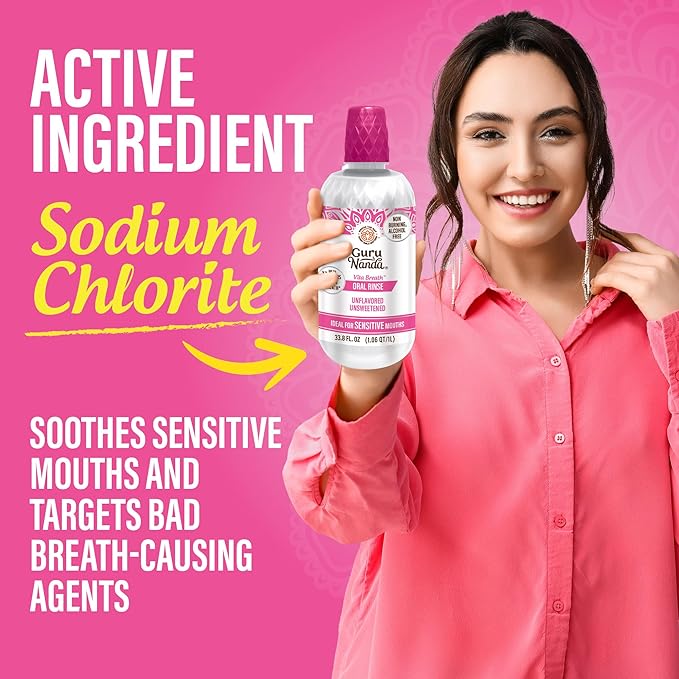 GuruNanda Alcohol-Free Mouthwash, Unflavored & Unsweetened, Gentle on Sensitive Mouths, 12-Hour Fresh Breath, No Artificial Additives, Made in The USA, 33.8oz