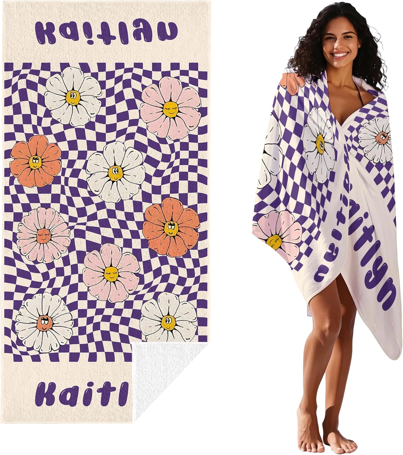 JML Personalized Beach Towel with Name, Custom Flower Beach Towel, Customized Microfiber Pool Towel, Quick Dry & Absorbent Swim Towel for Adult,Anniversary, Birthday, Summer Holiday,Vacation