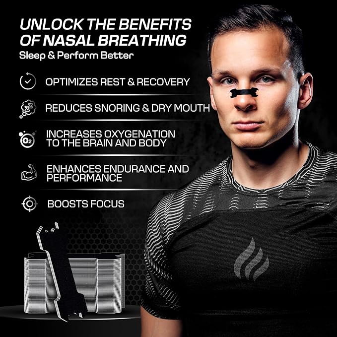 Performance Nose Strips for Breathing (60 Count) - Oil & Sweat Proof Adhesive - Athletic Nasal Strips for Snoring & Sleeping - Improves Oxygen Delivery, Drive, Sleep & Reduces Snoring (Slim Black)