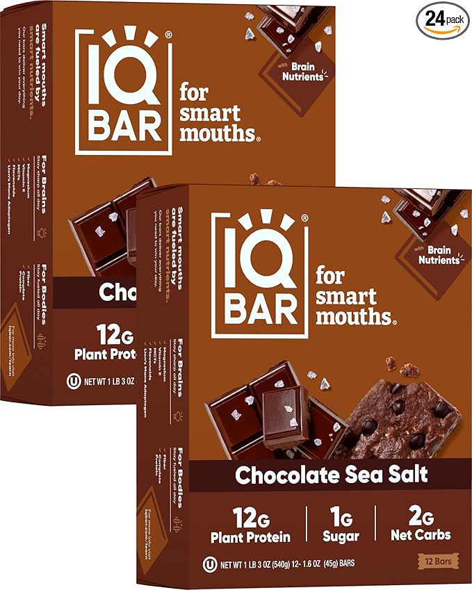 IQBAR Brain and Body Plant Protein Bars - Chocolate Sea Salt - 24-Count Low Carb - Gluten Free, High Fiber, Vegan Snacks - Low Sugar Meal Replacement